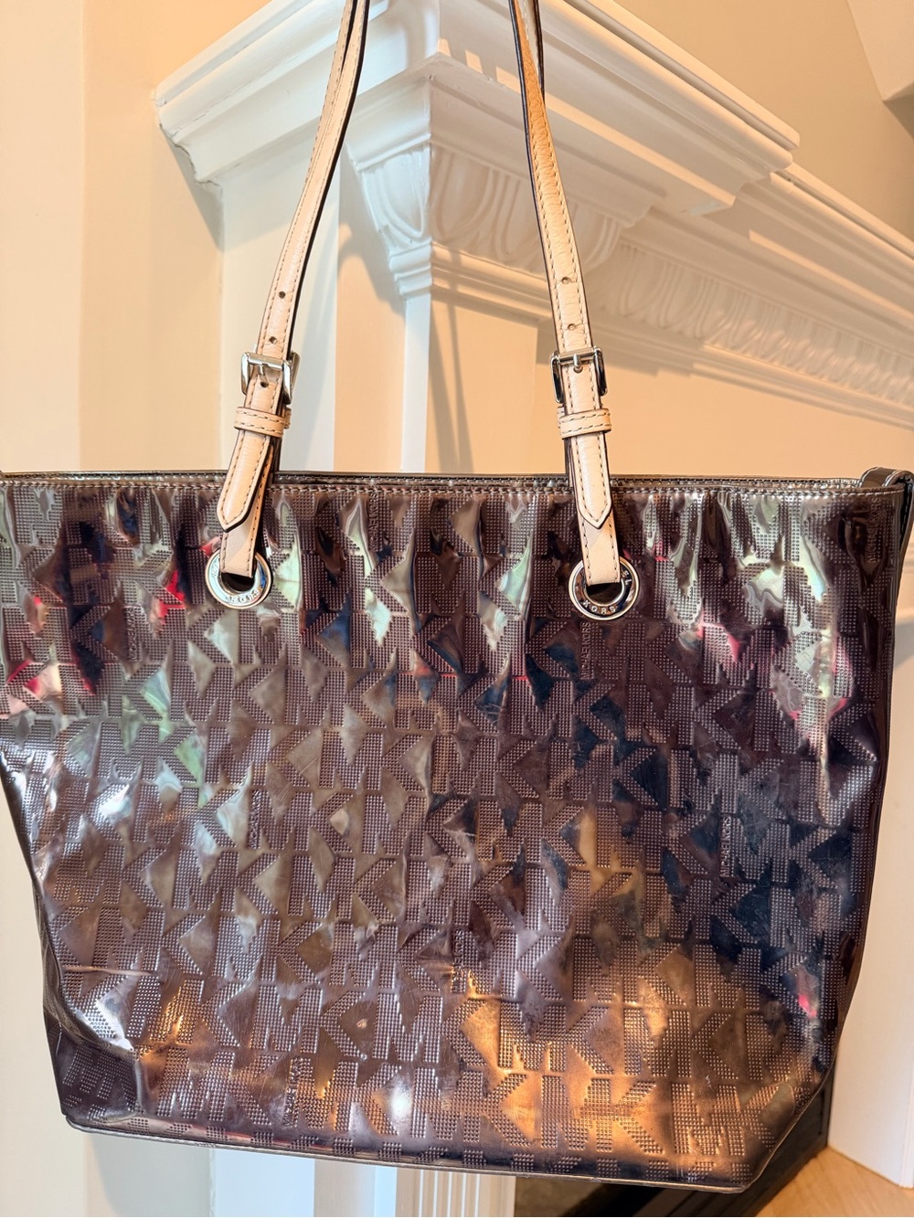 Michael Kors Iridescent Brown MK Logo Tote with Cream Straps